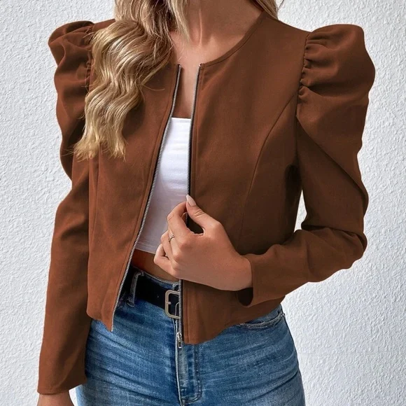 Luxe Puff Sleeve Zip up Jacket - Picture 1 of 15